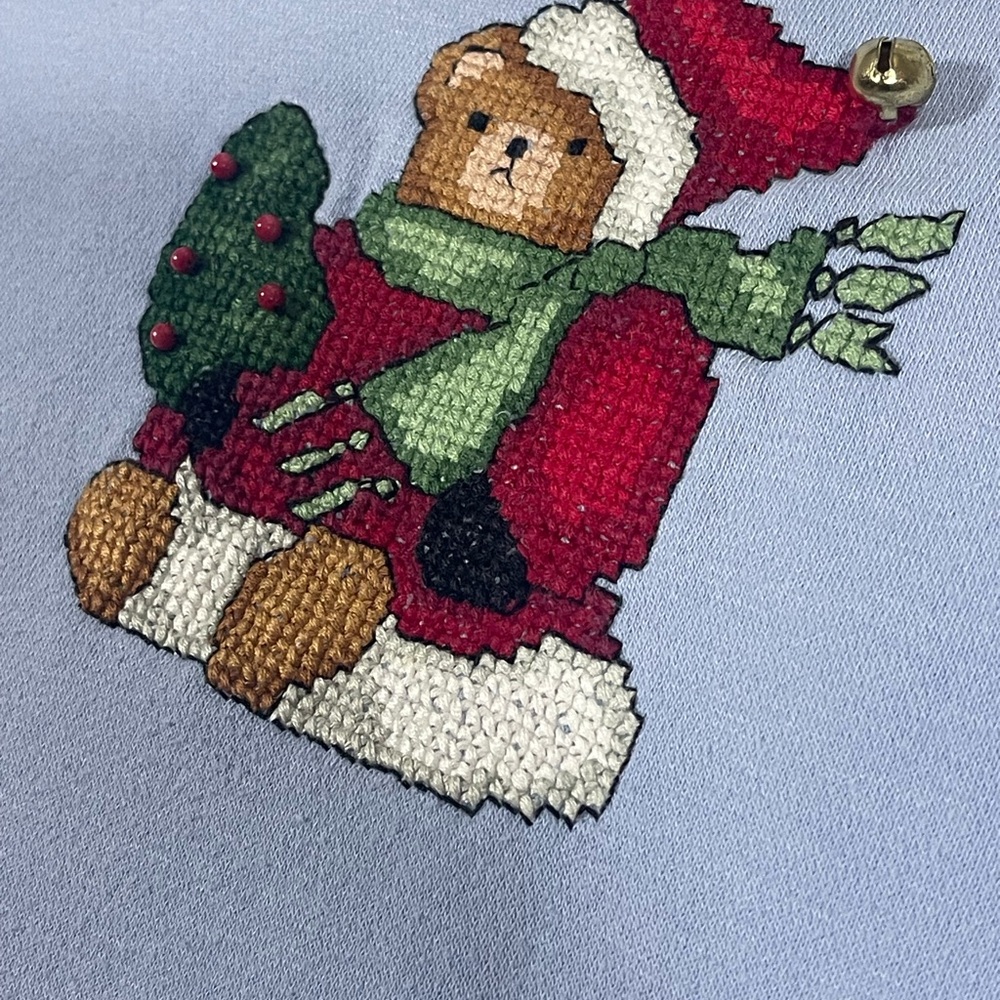 Vintage GAP Women's XL Sweatshirt Baby Blue Christmas Bear Bell Embroidered Ugly - Picture 9 of 10